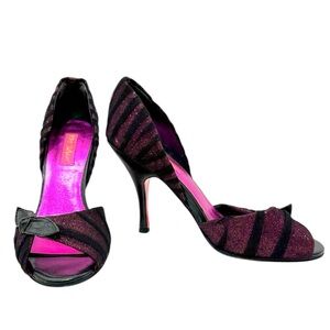 Betsey Johnson Fuchsia Pink Black Mesh Glitter Bow Heels Vintage Y2K Punk Size 8